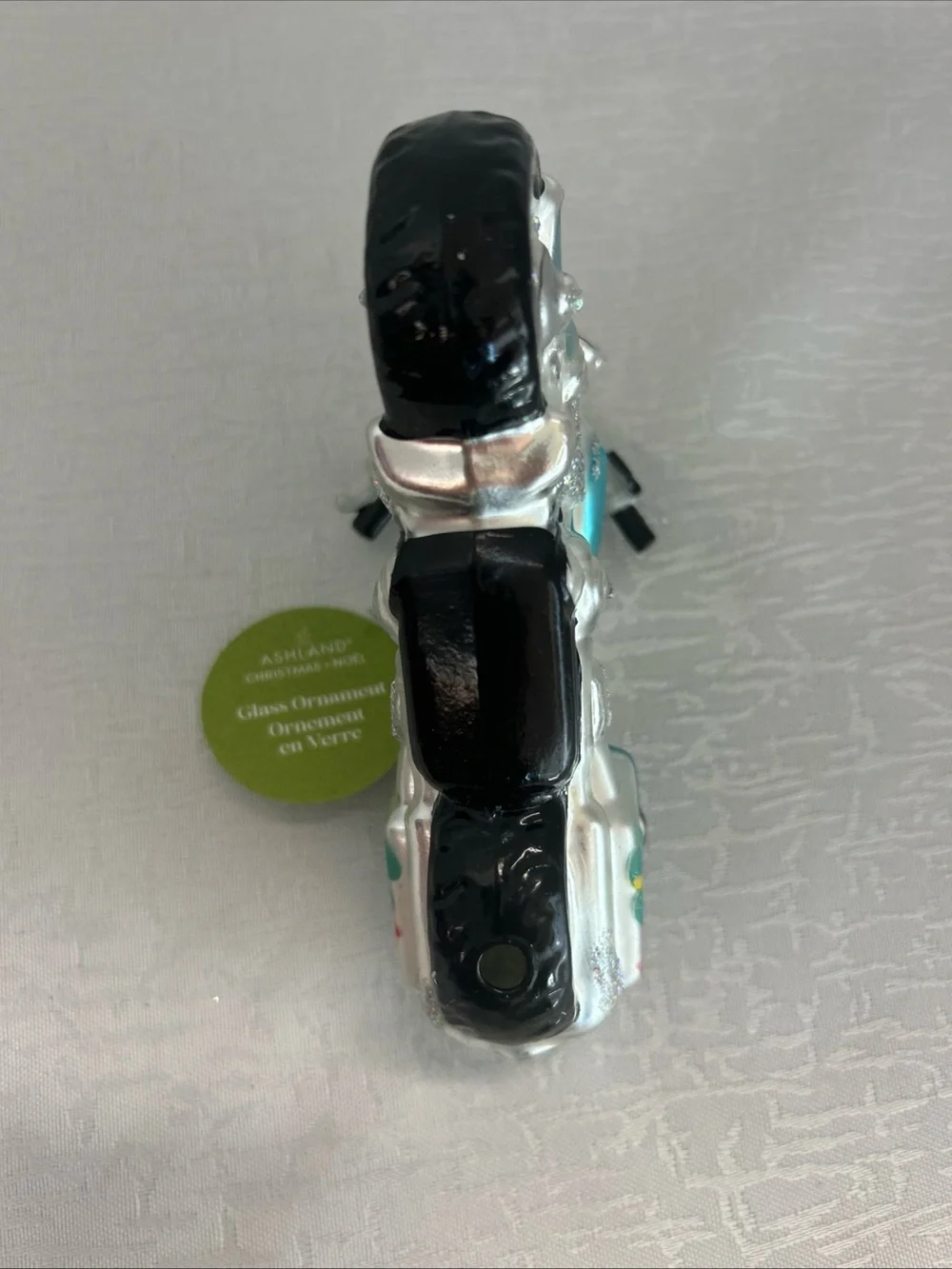 Ashland Silver and Turquoise Glass Motorcycle Ornament with Floral Accent